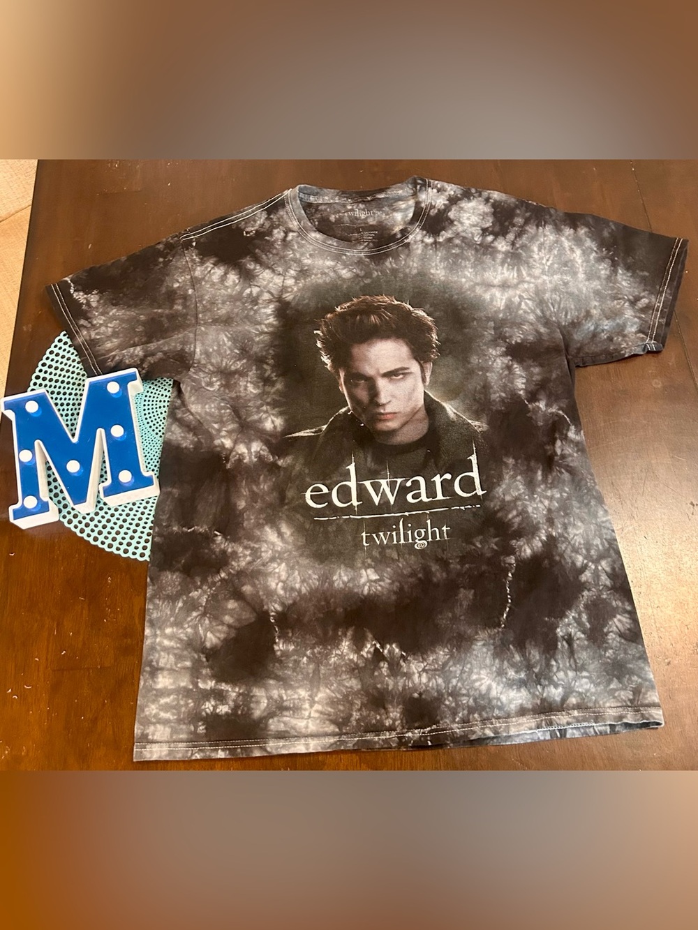 Twilight Tye Dye Grey and Black Distressed “Edward” T Shirt Size: Large